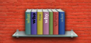 books on shelf; titles ask the questions: What, When, Who, Why