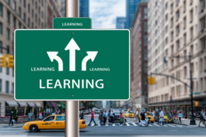 road sign that says "learning" and has arrows in three different directions