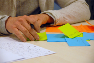 person brainstorming with post-it notes