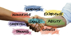two people shaking hands with the words "skills, learning, knowledge, competence, training, growth, ability, and experience" superimposed over the hands