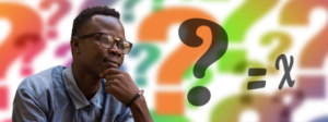 student pondering with hand on his chin and question marks in the background