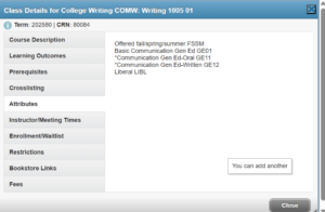 screenshot of attributes for COMW, College Writing