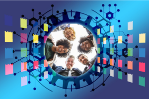 diverse faces in a circle, with sticky notes surrounding them