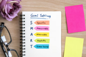 notebook with the heading "goal setting" and the acronym SMART