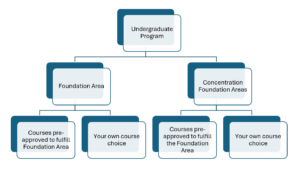 SmartArt showing hierarchy: first level = Undergraduate Program, second level = Foundation Area and Concentration Foundation Area, third level for both = Courses pre-approved to fulfill that Foundation Area & Your own course choice