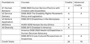 table showing foundations, courses chosen, and credit amounts