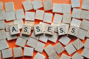 scrabble tiles spelling the word "assess"